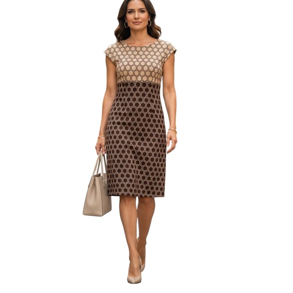 Connected Apparel Dress Tan Brown Cap Sleeve All Over Geometric Print Size 14
